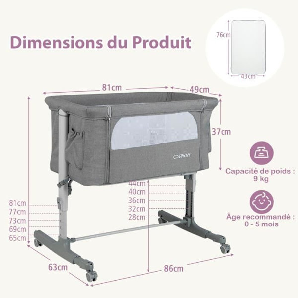 COSTWAY Babyseng Vugge 5 Justerbar Højde Belastning 9KG, åndbar Mesh Bassinet Rejsetaske til baby 0-6 måneder, Lysegrå Grå