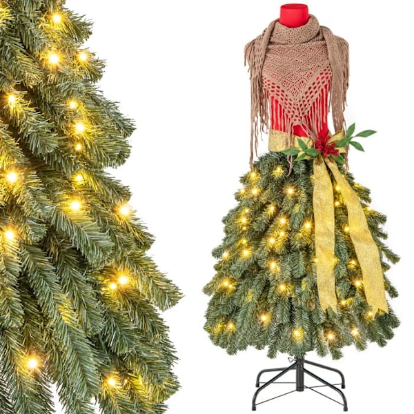 Forbelyst kunstigt juletræ 150 cm COSTWAY-Design-nederdel med guldbånd-Aftagelig ramme-100 LED-lys-røde bær