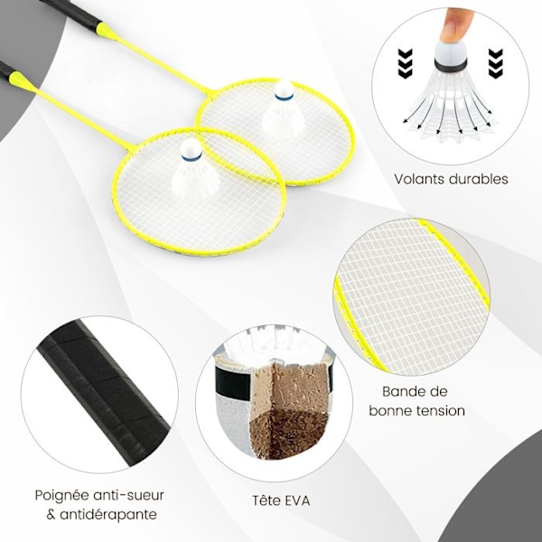 COSTWAY bærbart badmintonsæt - Net, 2 ketchere, 2 fjerbolde - 270 x 33,5 x 160 cm - Opbevaringsetui - Metalrør - Sort
