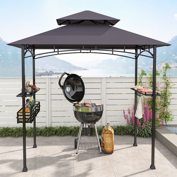 Tonnelle för Barbecue 242x153cm COSTWAY - 2 Nivåer - 2 Sidobord - Förvaringskorg - Hängkrokar - Öppnare Grå