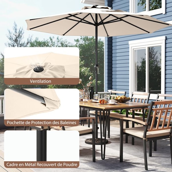 Terrasse Parasol 260 cm - COSTWAY - 8 Robuste Spidser - Med Vick - Solbeskyttelse til Have Bistro Beige