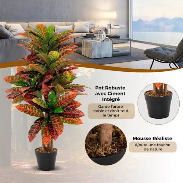Kunstig krotonplante - COSTWAY - H100 CM - Farverige brogede blade - Naturlig træstamme grön + röd + gul + svart