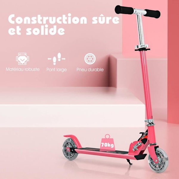 COSTWAY hopfällbar barnskoter 2 blinkande LED-hjul Justerbar höjd Max belastning 70 kg Barn från 4 till 15 år Scooter Rosa