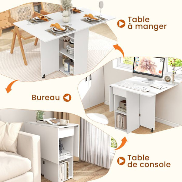 COSTWAY sammenklappeligt sidebord med 2 hjul, drop-leaf konsol, opbevaringsstativ, 2-lags skuffer, 120x72x75 cm hvid Naturvit