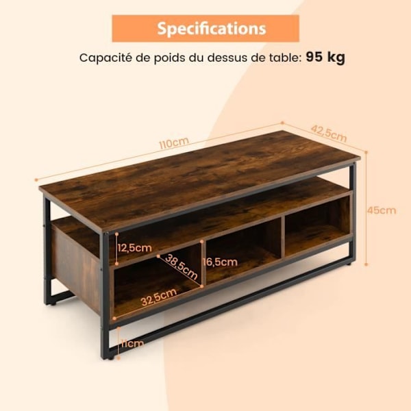 COSTWAY 48" 3-vånings TV-ställ med 3 fack, metallram, för vardagsrum, sovrum, 110 x 42,5 x 45 cm, brun