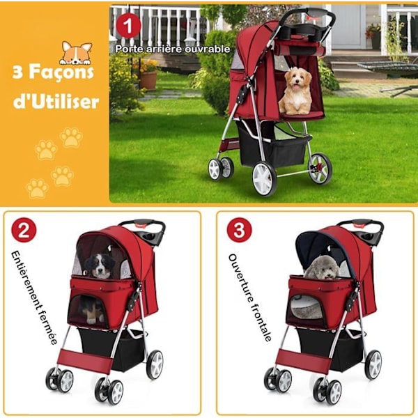 COSTWAY kokoontaitettava Pet Buggy -rattaat, 4 pyörää, 15 kg:n kissa-/koiravaunu, jossa on mukiteline ja säilytyskori, punainen