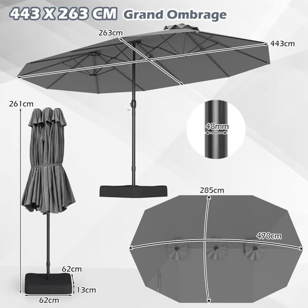 Parasol Dobbelt til Haven 470x285cm Rektangulær - COSTWAY - Eft. Base og 2 Sandposer inkluderet - 12 Robuste Ribber - Terrasse - Grå