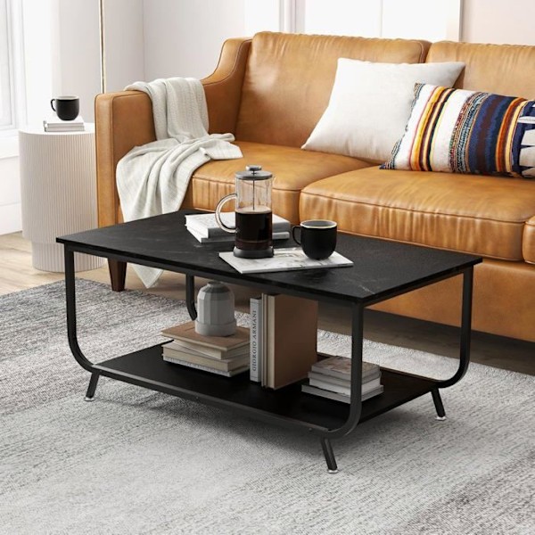 COSTWAY Sofabord med 2 niveauer og marmorlook, 105x55x46,5 CM, moderne rektangulært metalbord i sort