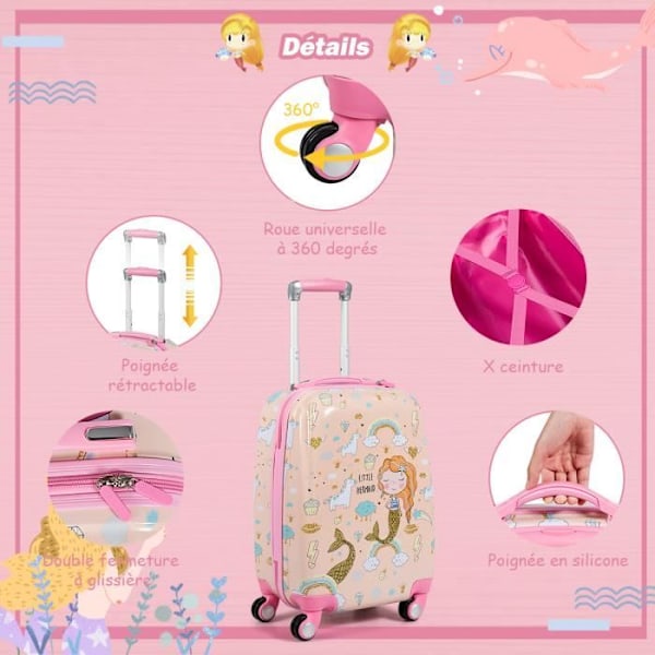 18" lasten matkalaukku ja 12" reppu - COSTWAY - Mermaid Design - 4 pyörää - Säädettävä kahva Rosa