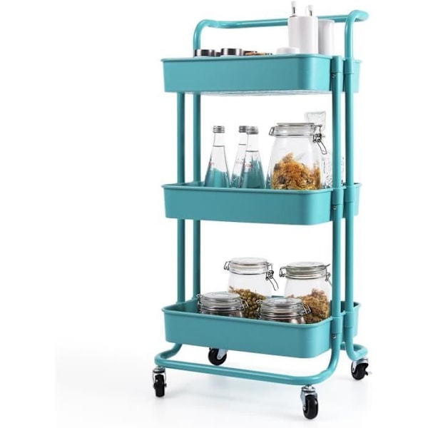 COSTWAY Opbevaringsvogn med 3 Kurve og Håndtag, Rustfri Metal Servicetrolley, Rullende Serveringsvogn Grøn