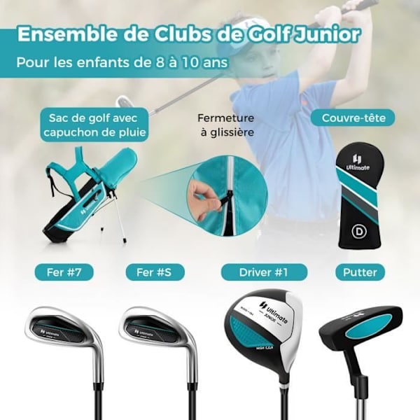 COSTWAY-golfkassisarja 8-10-vuotiaille lapsille Kolmijalka - Sateenkestävä huppu - No. 1 Driver, No. 7 ja No. S Raudat ja putterit - Sininen