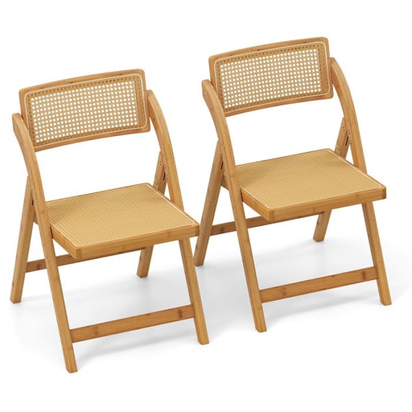 Sæt af 2 sammenklappelige bambusstole - COSTWAY - 360° roterende rygstøtter i PE og PP rattan - Sæde 44 x 44 cm til spisestue Naturlig