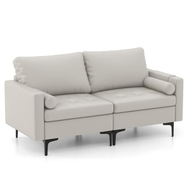 COSTWAY 2-sits soffa med sidofickor i läder som andas och mjukt luft, metallramkuddar medföljer. grå