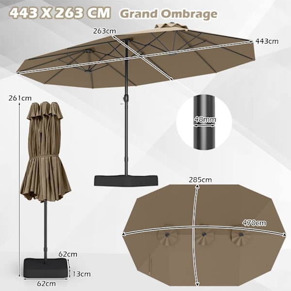 Parasol Double de Jardin 470x285cm Rektangulær - COSTWAY - Basis og 2 Sandposer inkluderet - 12 robuste spiler - Terrasse - Brun