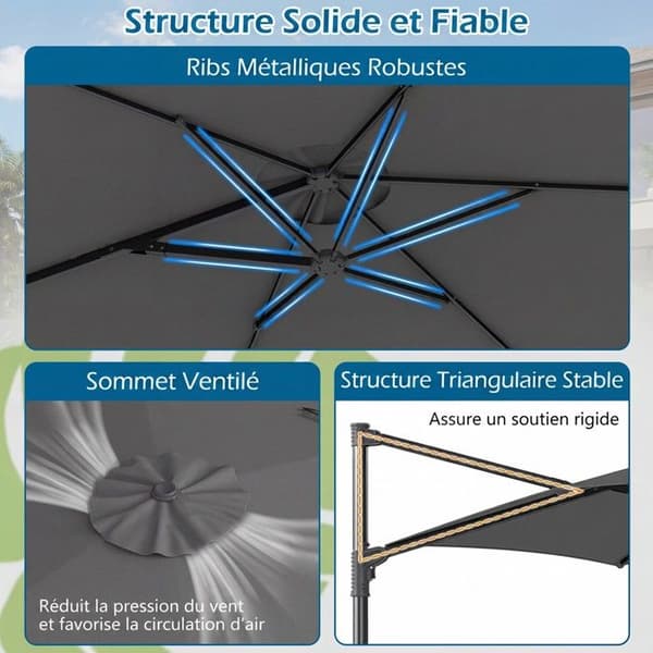 "Hexagonal Parasol 305cm COSTWAY med Krydsbase, Justerbar 360° Rotation, Solbeskyttelse, Haveparasol, Grå" Grå
