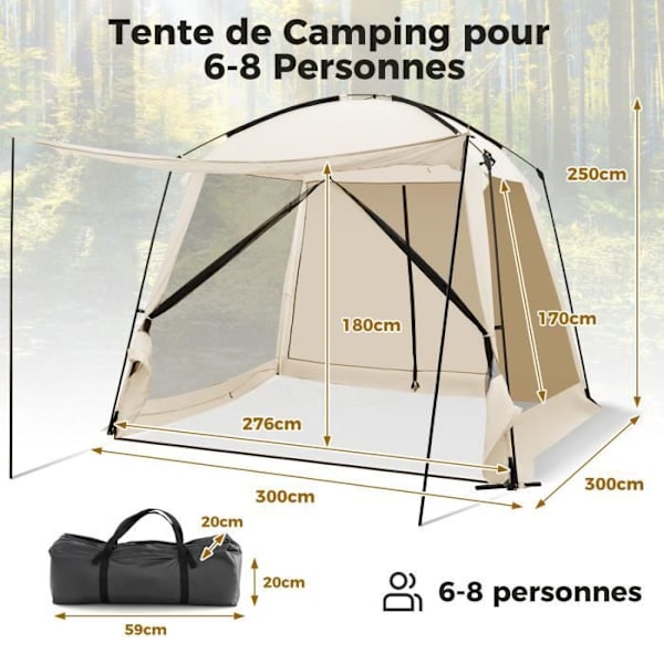 COSTWAY Bærbart campingtelt 6-8 personer 300x300x250 cm - Vestibule, Myggenet, Mesh-dør med lynlås - Vandtæt polyester Beige