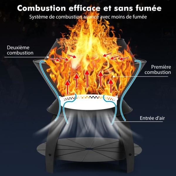 COSTWAY Fire Pit 50CM 3 in 1 uteplats Fire Pit med grythållare och förvaringshylla, rökfri eldning