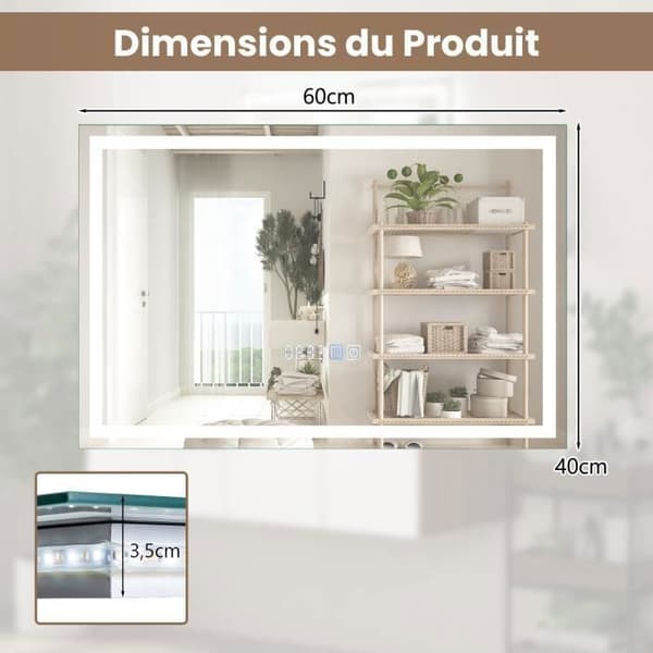 COSTWAY 60 x 40 cm Badrumsspegel 3000-6000k, Minnesfunktion, Tid/Temperatur Display, Touch Switch, IP44
