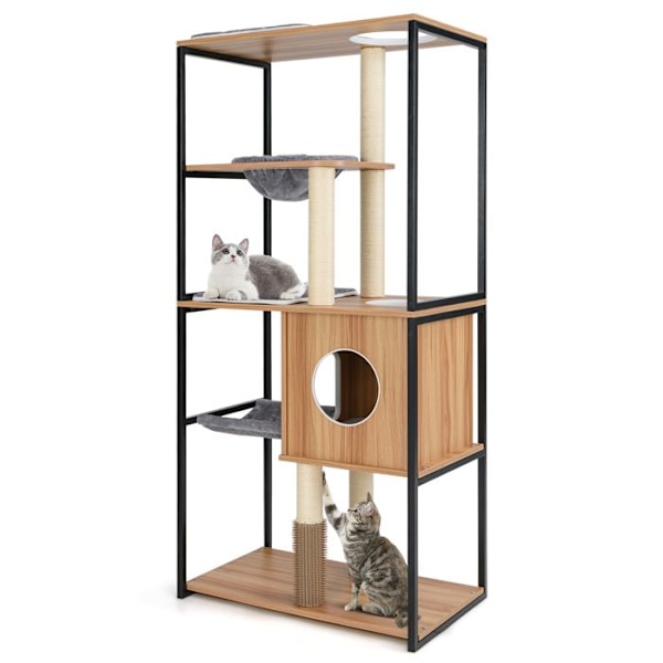 COSTWAY 160 CM Multi-Level Cat Tree, Skrapstolpar, Top Perch, Plattformar, Avtagbara kuddar, Hängmatta, Self-Groomer Naturlig och grå och svart