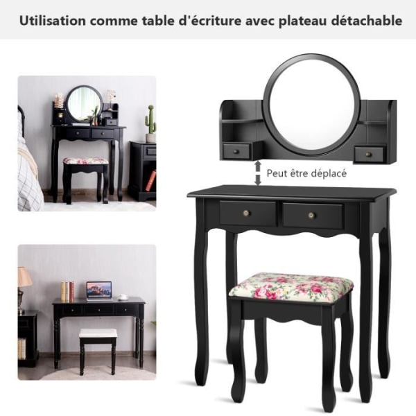 COSTWAY Sminkbord med pall - 360° vridbar spegel, avtagbar skiva, sminkbord - 4 lådor och 2 hyllor, svart