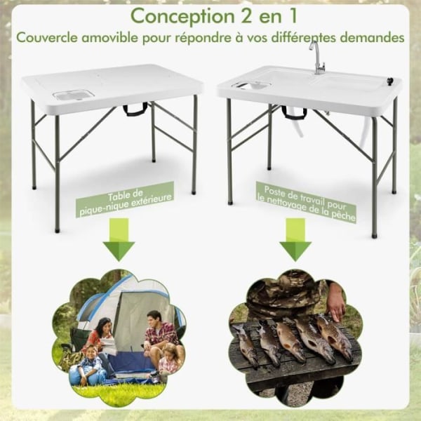 COSTWAY hopfällbart campingbord med 2 handfat 360° roterande kran för fiskrengöring Stål &amp; HDPE Belastning 150KG Vit