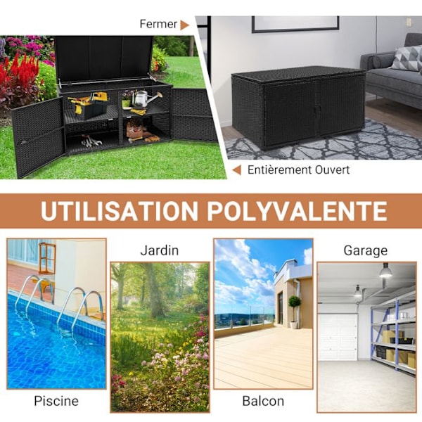 COSTWAY Udendørs Rattan Opbevaringskasse 335L, 115 x 60 x 65 CM med Sort Stålramme kastanj