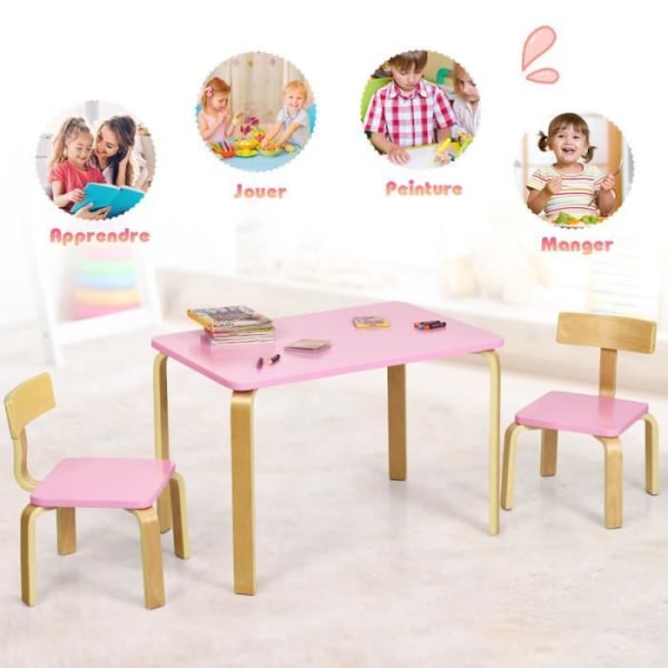 COSTWAY barnbord och stolar, innehåller 1 bord och 2 stolar, bra skydd mot böjt trä, perfekt för inomhusbruk
