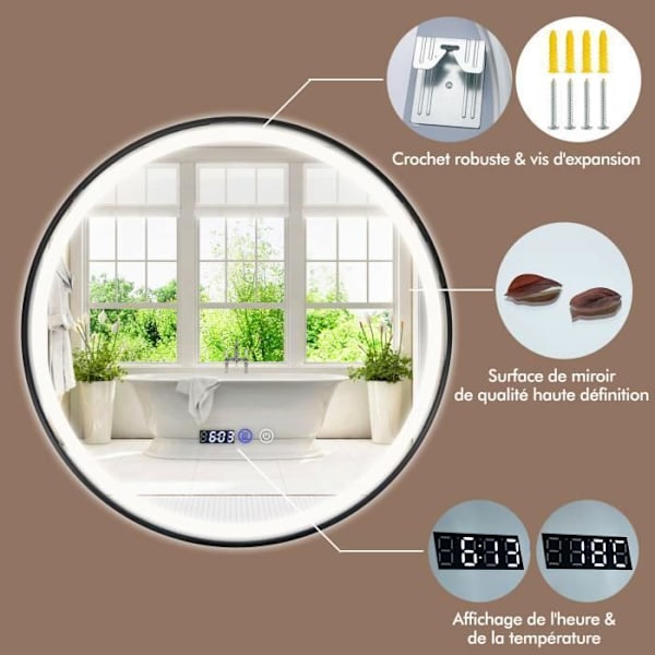 COSTWAY Ø 60 cm Rundt badeværelsesspejl - LED, Anti-dug, 3 farver, Hukommelsesfunktion, Tid/Temperatur Display, Ubrydelig