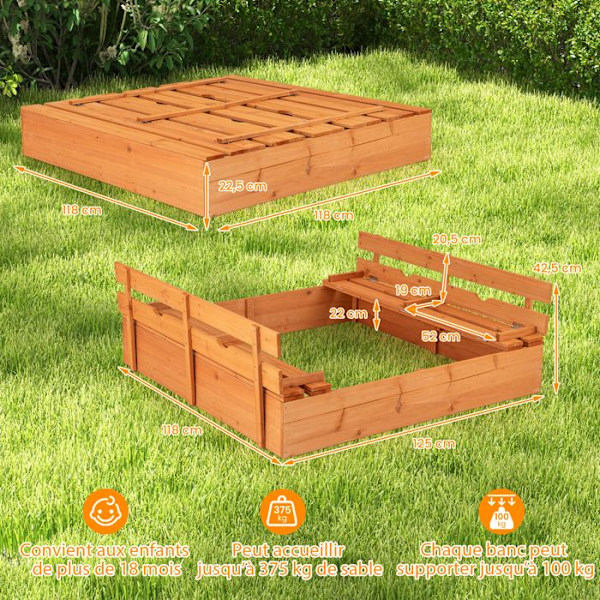 COSTWAY Sandkasse til Børn Udendørs 125 × 118 × 42,5 CM - med Foldbare Bænke og Beskyttelsesmåtte til Sand 18Måneder +