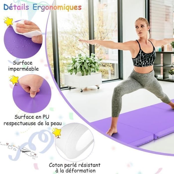 COSTWAY Foldbar Gymnastikmåtte-180 x 60 x 5cm-3 lag med håndtag-kroge- og løkkebefæstelser-Vandtæt PU EPE-fyldning-lilla