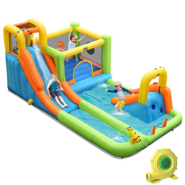 COSTWAY oppustelig legeplads med 680 W blæser vandland dobbeltslides basketball bøjle, mål bold point launcher Flerfärgad