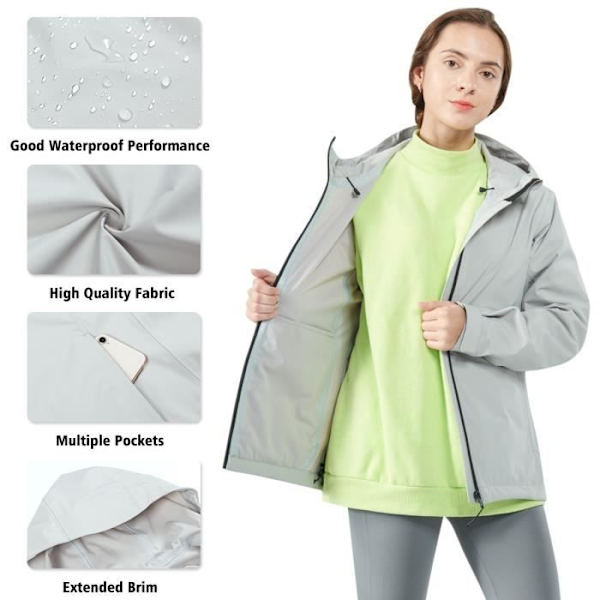 COSTWAY Trenchcoat til kvinder, regnjakke med hætte, vind- og vandafvisende udendørsjakke i nylon, langærmet, grå, L Grå M