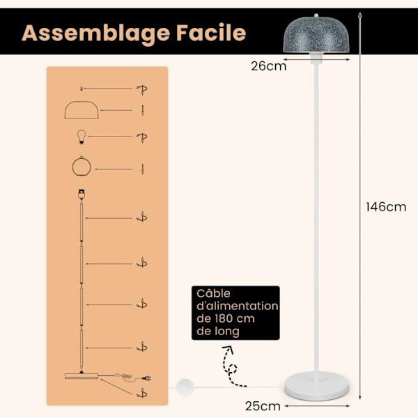 COSTWAY moderne gulvlampe H 146 cm med tekstureret kunststensskærm, fodkontakt vægtet base, E27 base
