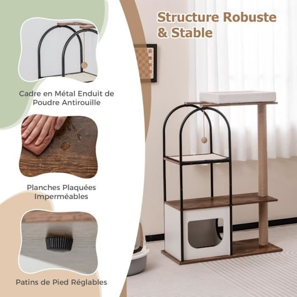 COSTWAY Cat Tree 118 CM 4 niveauer - metalramme, lejlighed, kradsestolper, hængende pomponer, top aborre - hvid