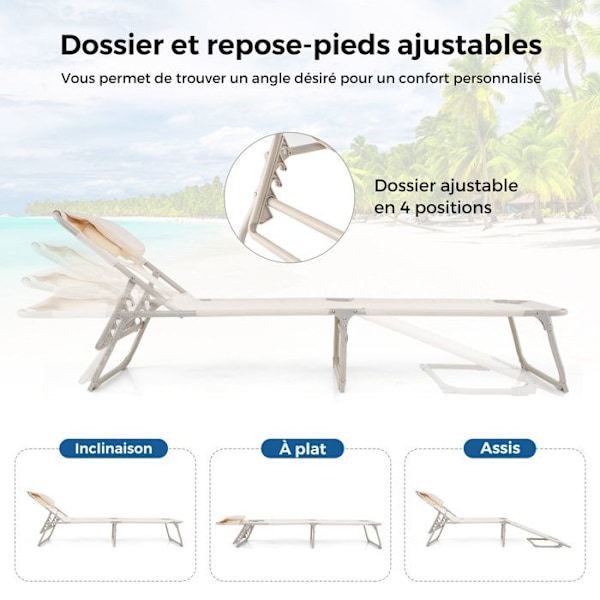 COSTWAY klapstol, justerbar i 4 positioner - Nakkestøtte - Ansigts- og håndplads, til terrasse, camping, 200 kg, beige Beige