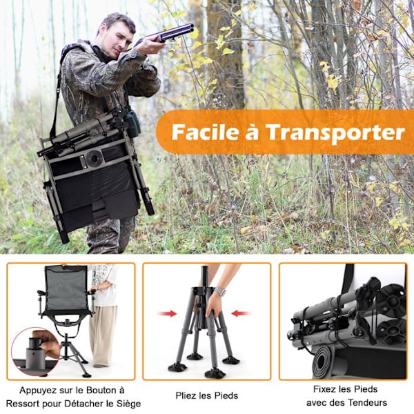 COSTWAY Fällbar Camping Stol, 360° Rotation, Justerbar Säte, Fällbar Stol för Skytte Jakt, Justerbart Vapenstöd Svart och grått