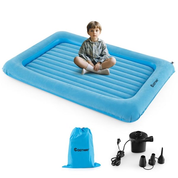 COSTWAY Irrotettava Ilmatäytteinen Patja 165x118x20cm Lasten Matkavuode Monikäyttöinen PVC:stä, Flokkipintainen Sähkökäyttöinen Pumppu Sininen Blå
