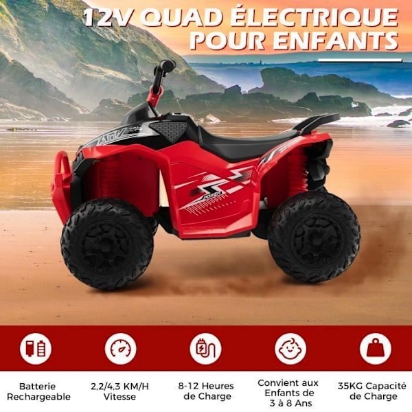 COSTWAY Elektrisk Quad til børn 12V7Ah, LED, musik, horn, brede hjul, til børn 3 til 8 år, 96 x 58 x 70 cm, rød