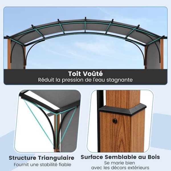 Trädgårdspergola 3 x 6 x 2,6 M COSTWAY-Infällbar markis i polyestertyg-metallstruktur-med bågar-stolpar trälook-grå