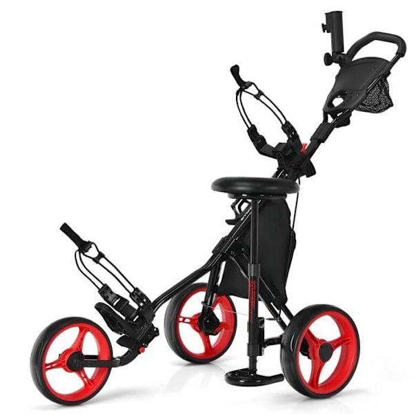 COSTWAY taitettava golfkärry 3 pyörää - 4 säädettävää korkeutta - hydraulinen istuin - säädettävä sateenvarjon pidike - juomapidike - laukku - punain