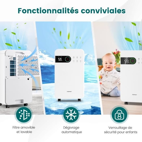 COSTWAY Affugter 15 L/Dag 156W 2L Tank Sleep Mode, 24 H Timer, LED Display Touch Control, Kontinuerlig Evakuering