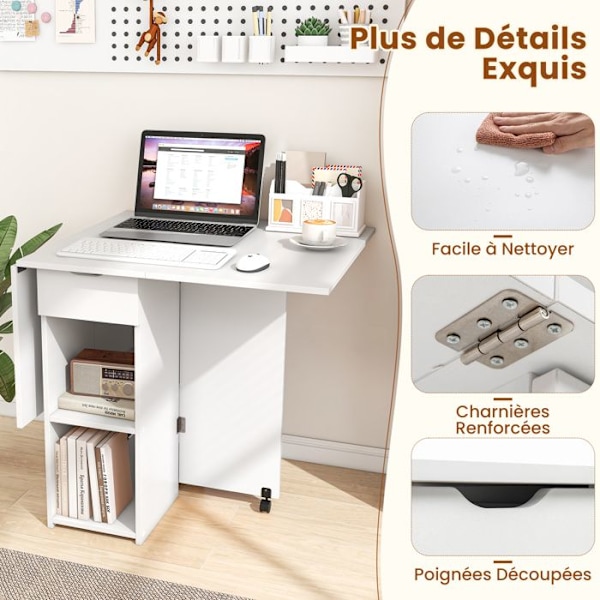 COSTWAY sammenklappeligt sidebord med 2 hjul, drop-leaf konsol, opbevaringsstativ, 2-lags skuffer, 120x72x75 cm hvid Naturvit