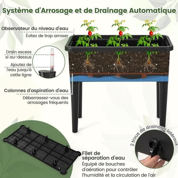 COSTWAY Upphöjd plantering - Automatiskt bevattning och dräneringssystem, avtagbar klätterspaljé - Stående blomsterlåda svart + grön