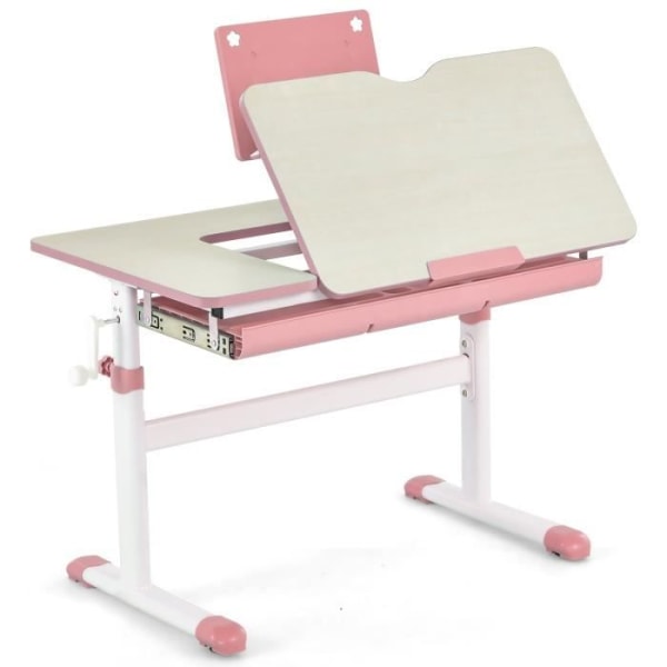 COSTWAY Skrivbord för barn 3-12 år - Höjdjusterbar 51-73 cm &amp; Tiltbar topp 0-60° - med bokstöd &amp; låda, Rosa