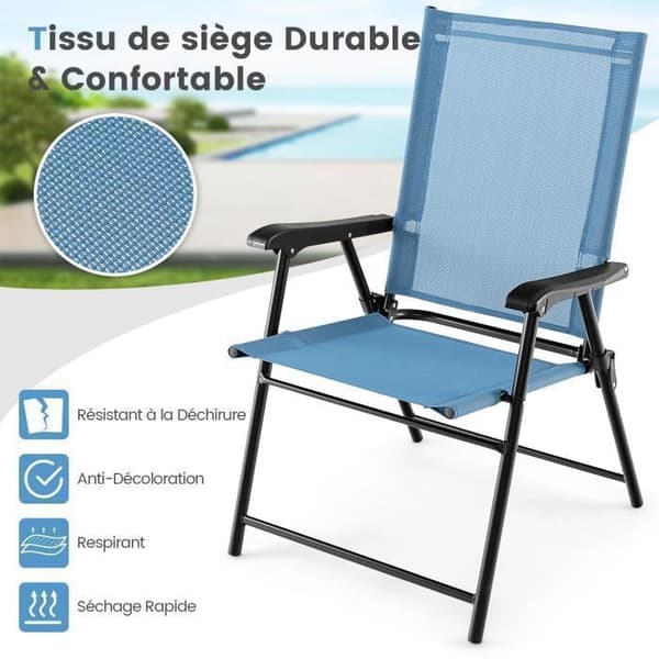 COSTWAY Set med 2 hopfällbara trädgårdsstolar Andas textilen campingstolar med säkerhetslås och hög rygg blå Blå