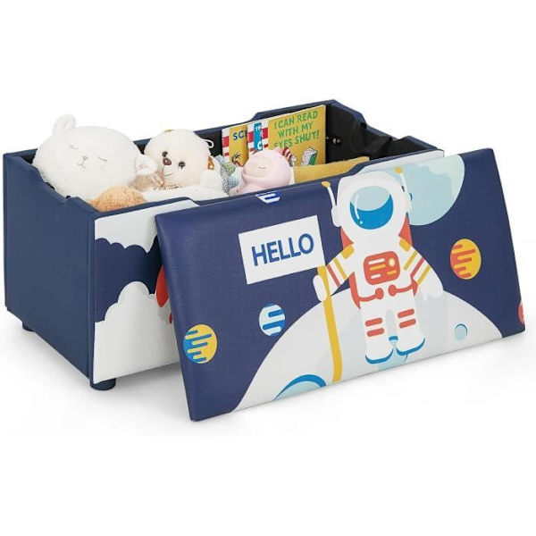COSTWAY Leksakslåda 103L - 75 x 36 x 38 cm (L x B x H) Avtagbart lock, Leksaksförvaring, Vadderat säte, Astronauts Blue Blå och vit