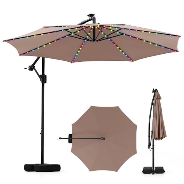 Parasol Déporté 3M med Bas 96 LEDs - COSTWAY - Solskydd - Tiltbar Rotation 360° - 2 Sandpåsar - 8 Bruna Spjäll