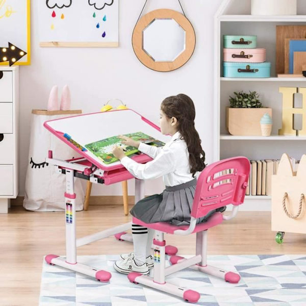 COSTWAY Ergonomisk børneskrivebord Justerbar højde og vinkel 0-40° bordsæt med stole, tegnebord med 1 skuffe Pink Rosa