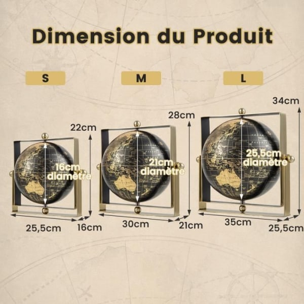 COSTWAY dekorativ jordglob roterande 720° i vintagestil guld och svart färg i metall och PVC, idealisk present - L Svart guld