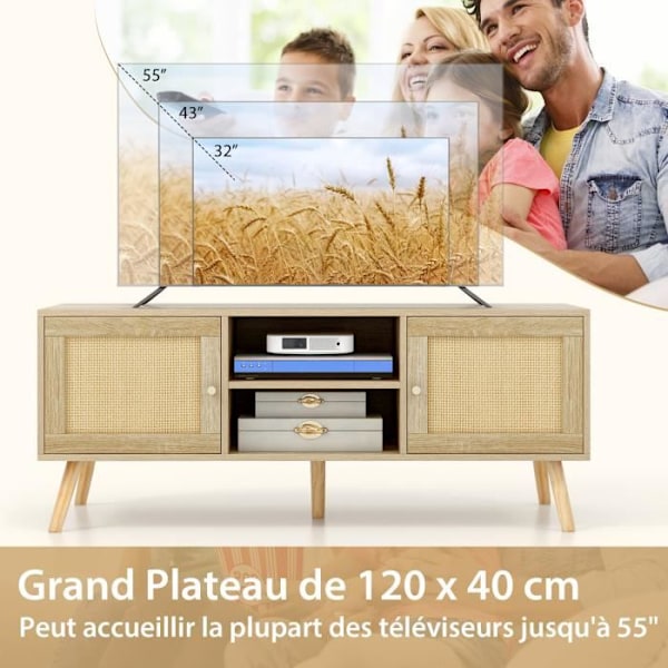 COSTWAY tv-stativ i træ til 55" tv med 4 rum, 4 træben, 2 rattan-skydedøre, 120 x 40 x 40,5 cm